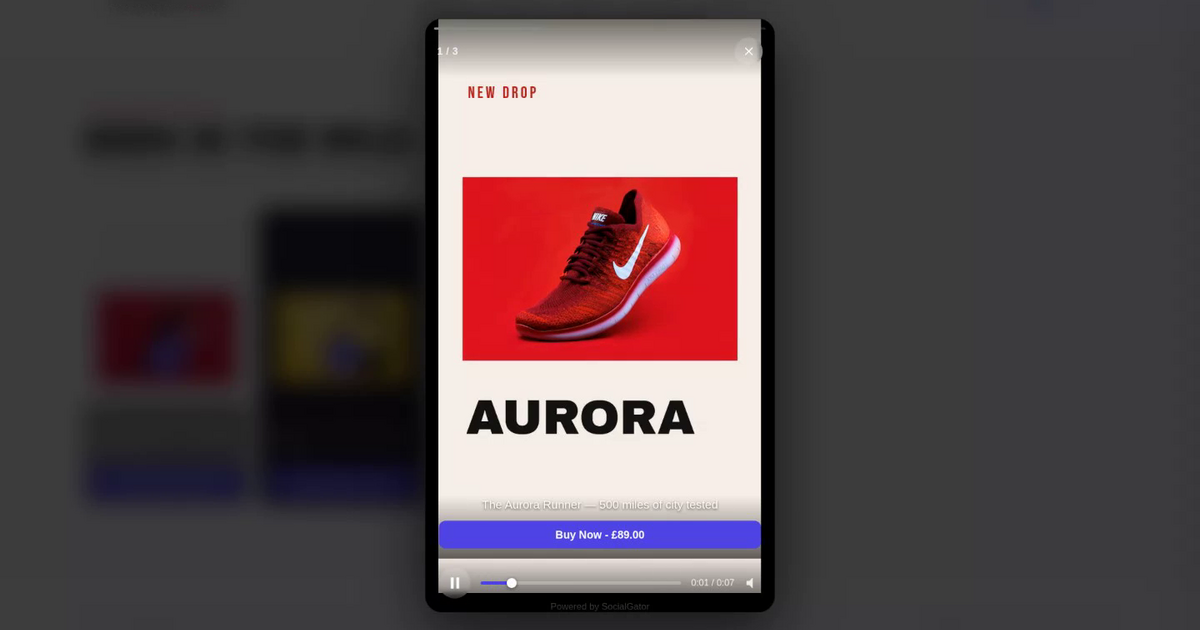 Shoppable video widget on a product page showing a tappable product tag with price